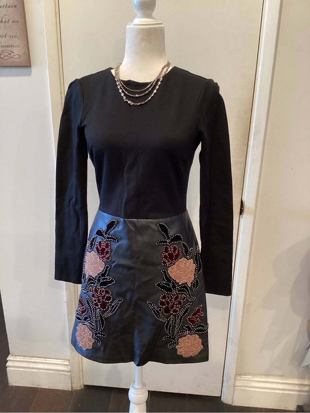 Marciano Black Long-Sleeve Midi Dress with Pink & Burgundy Floral Appliqué
